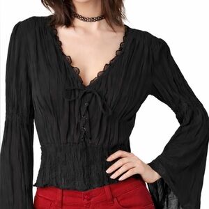 Soya Black Sheer Top  Lace Up Peasant Blouse Boho Gothic Crop M Babydoll Lace up